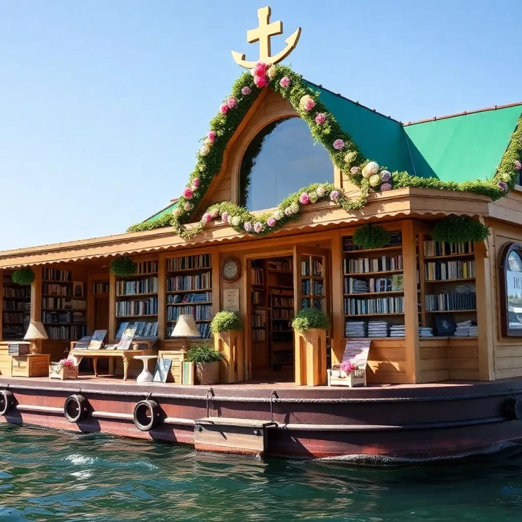 A floating bookstore named The Archangel on a serene waterway
