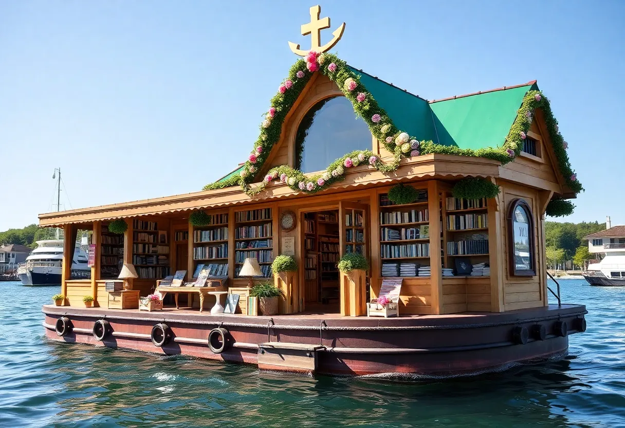 A floating bookstore named The Archangel on a serene waterway