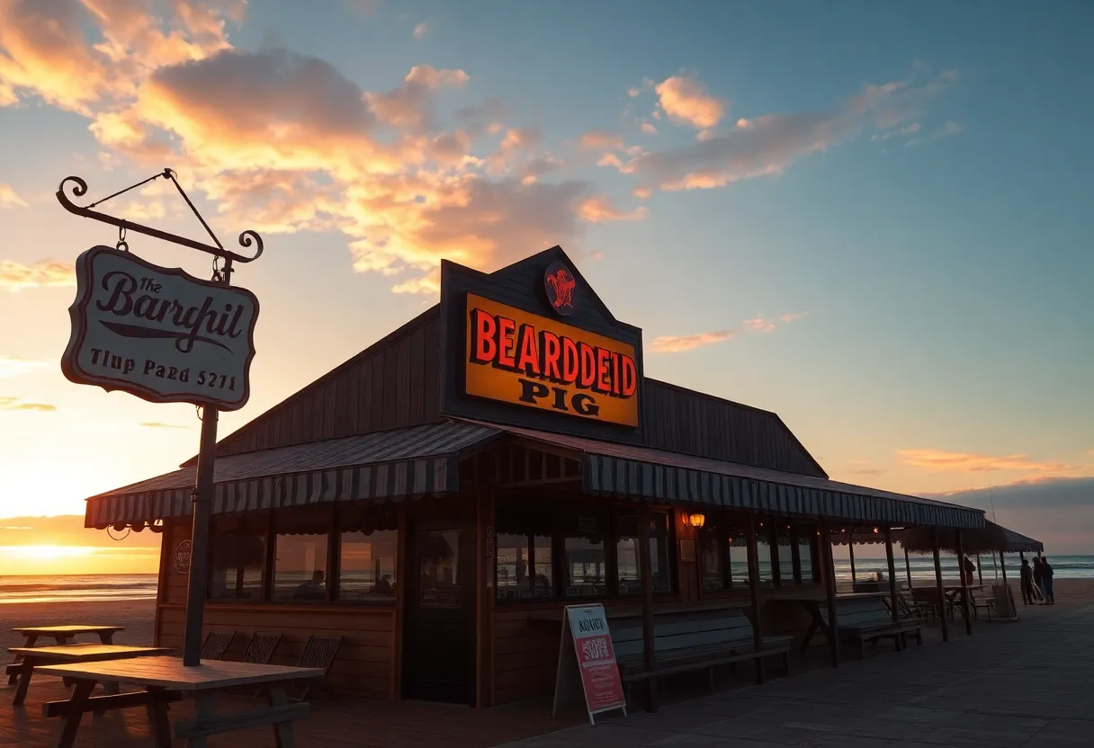 The Bearded Pig restaurant at Jacksonville Beach during sunset.