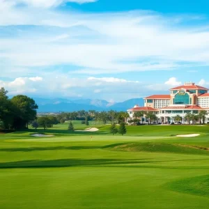 Scenic view of a golf course adjacent to a casino