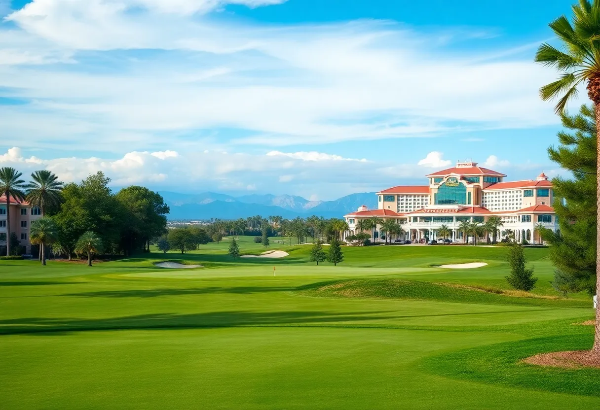 Scenic view of a golf course adjacent to a casino