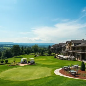 Scenic view of a European golf resort with green fairways