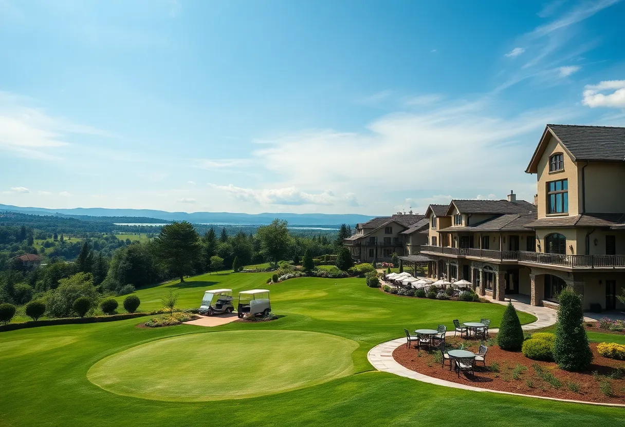 Scenic view of a European golf resort with green fairways