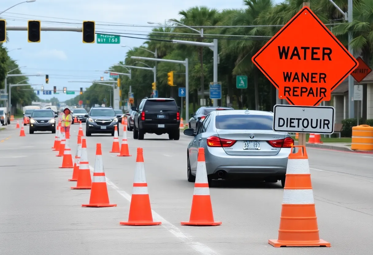 A street view showing traffic disruptions in Jacksonville due to water main repairs.