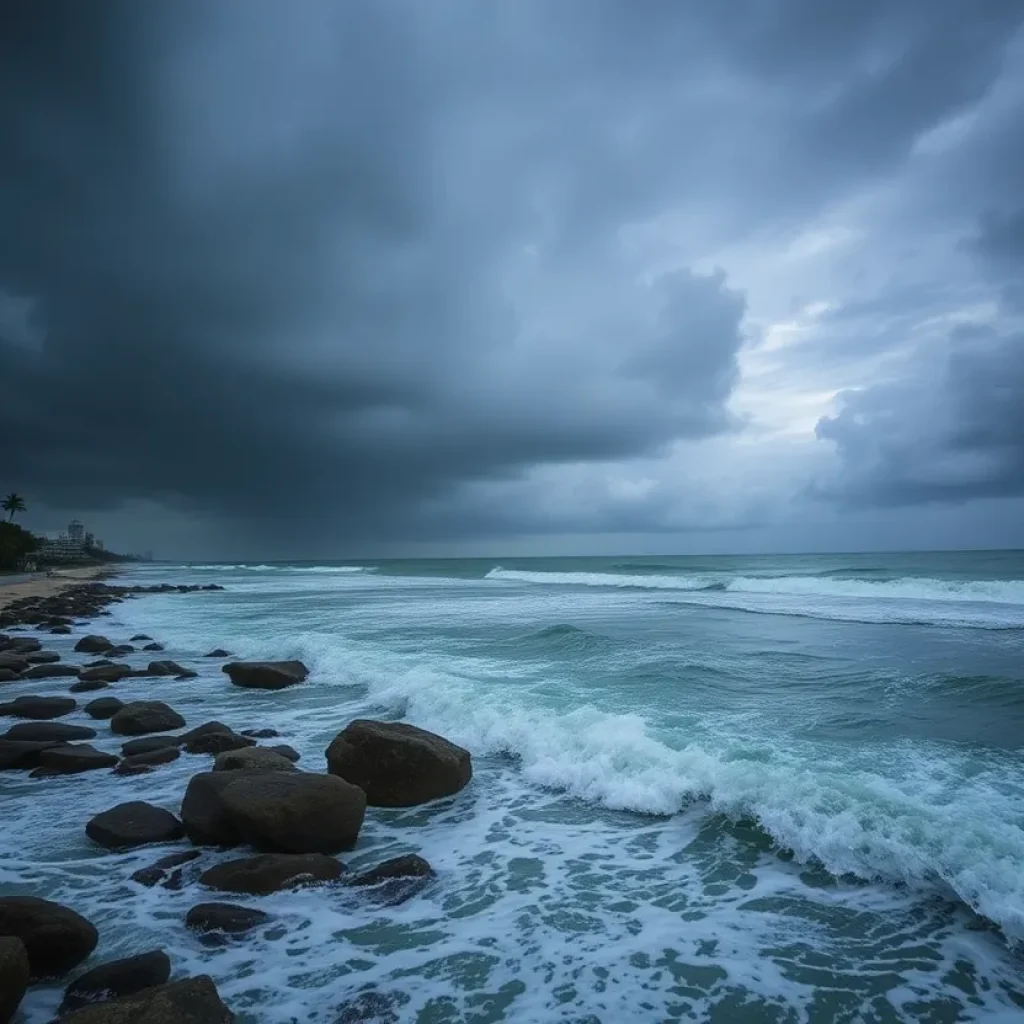 Rough seas and dark clouds over Florida's coast due to Tropical Storm Helene