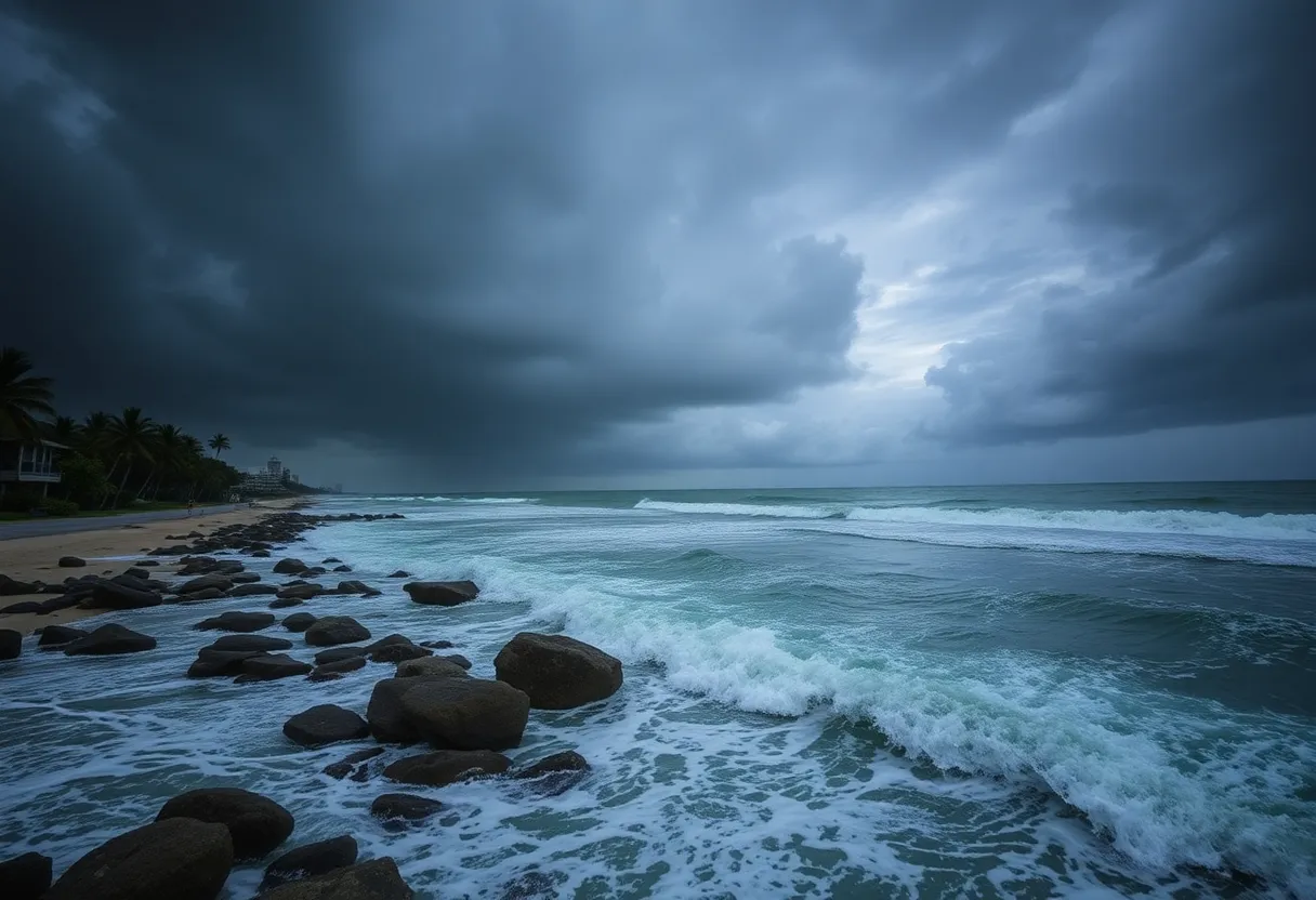 Rough seas and dark clouds over Florida's coast due to Tropical Storm Helene