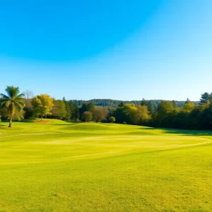 A picturesque golf course with an empty golf cart