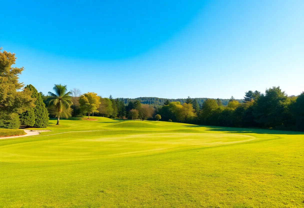 A picturesque golf course with an empty golf cart