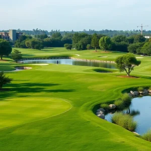 A scenic view of Trump International Golf Club Lido showcasing the golf course and surrounding resort facilities.