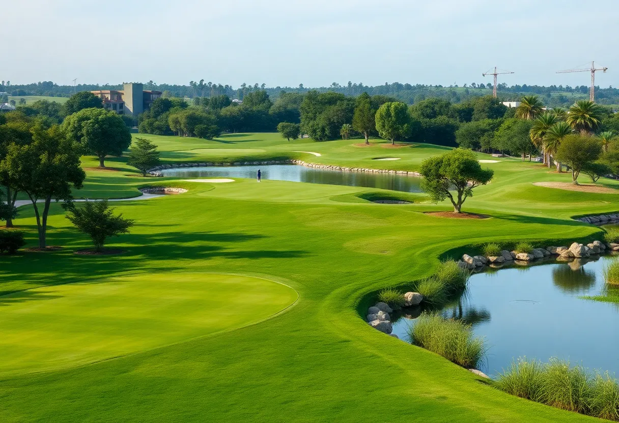 A scenic view of Trump International Golf Club Lido showcasing the golf course and surrounding resort facilities.