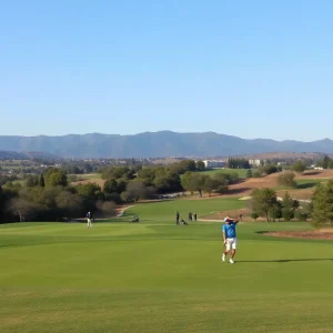 UNI men's golf players participating in a tournament at a desert golf course.