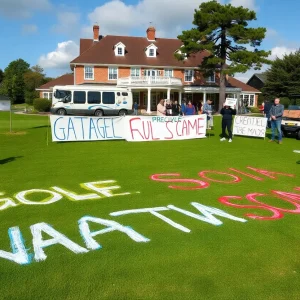 Graffiti on a golf course lawn