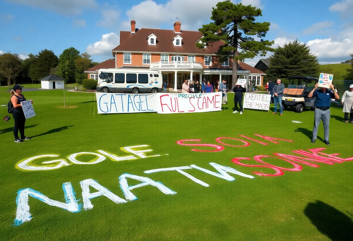 Graffiti on a golf course lawn