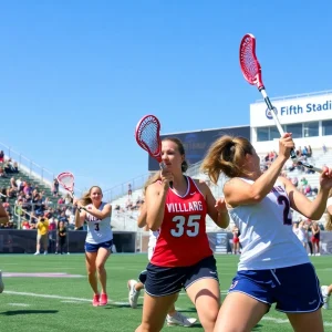 Women's lacrosse players competing during a game at Fifth Third Stadium