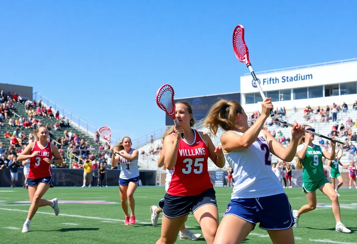 Women's lacrosse players competing during a game at Fifth Third Stadium