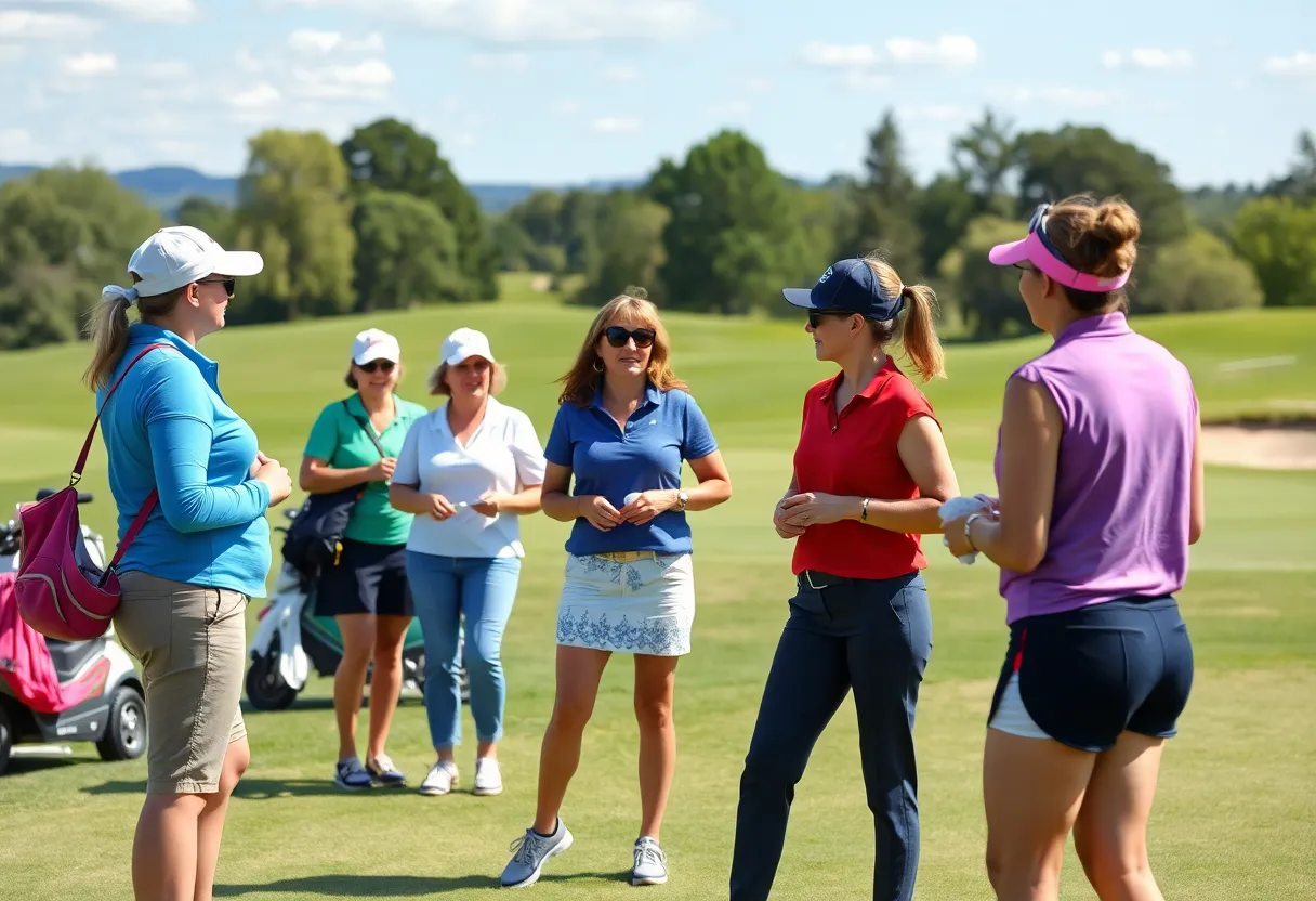 Diverse group of women participating in golf activities during Women’s Golf Day.