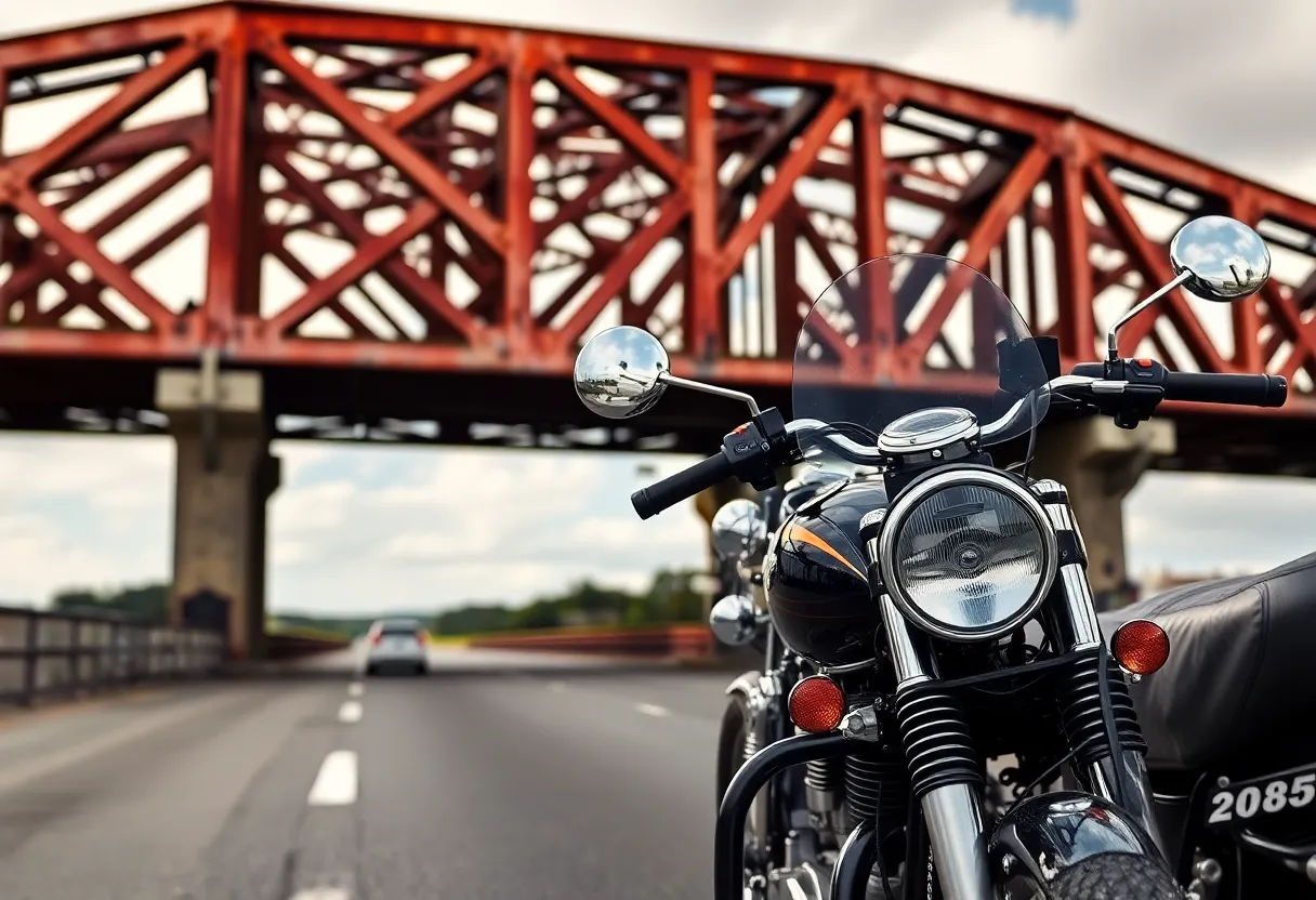 A peaceful view of Wonderwood Bridge with an antique motorcycle in the foreground.