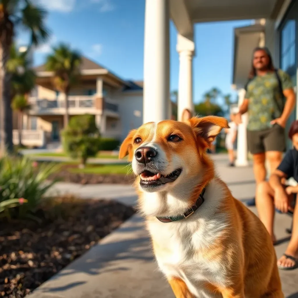 A friendly dog standing on a porch in a Jacksonville neighborhood