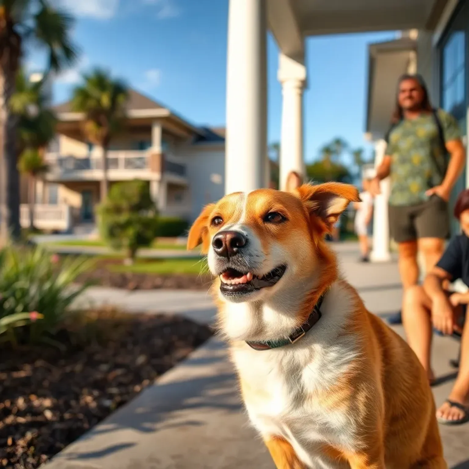 A friendly dog standing on a porch in a Jacksonville neighborhood