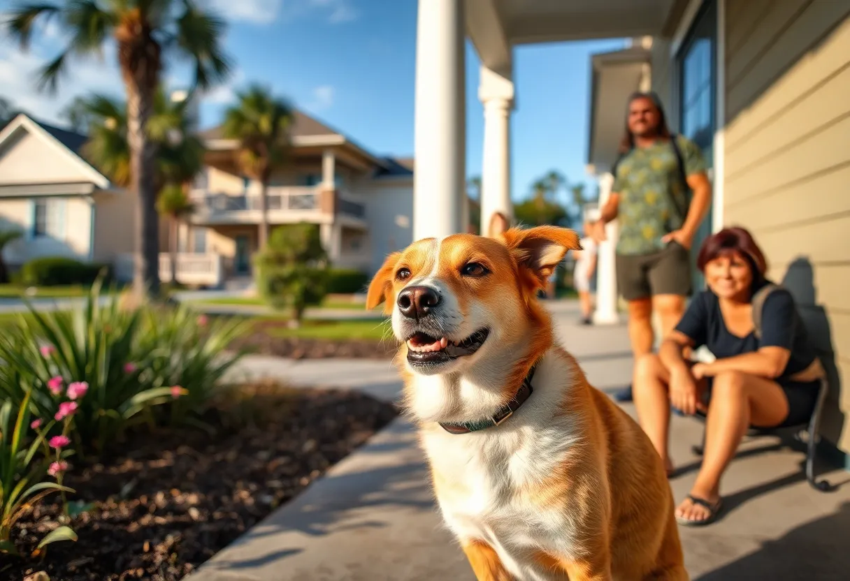 A friendly dog standing on a porch in a Jacksonville neighborhood