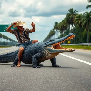 Alligator wrangler confronting a large alligator on an interstate