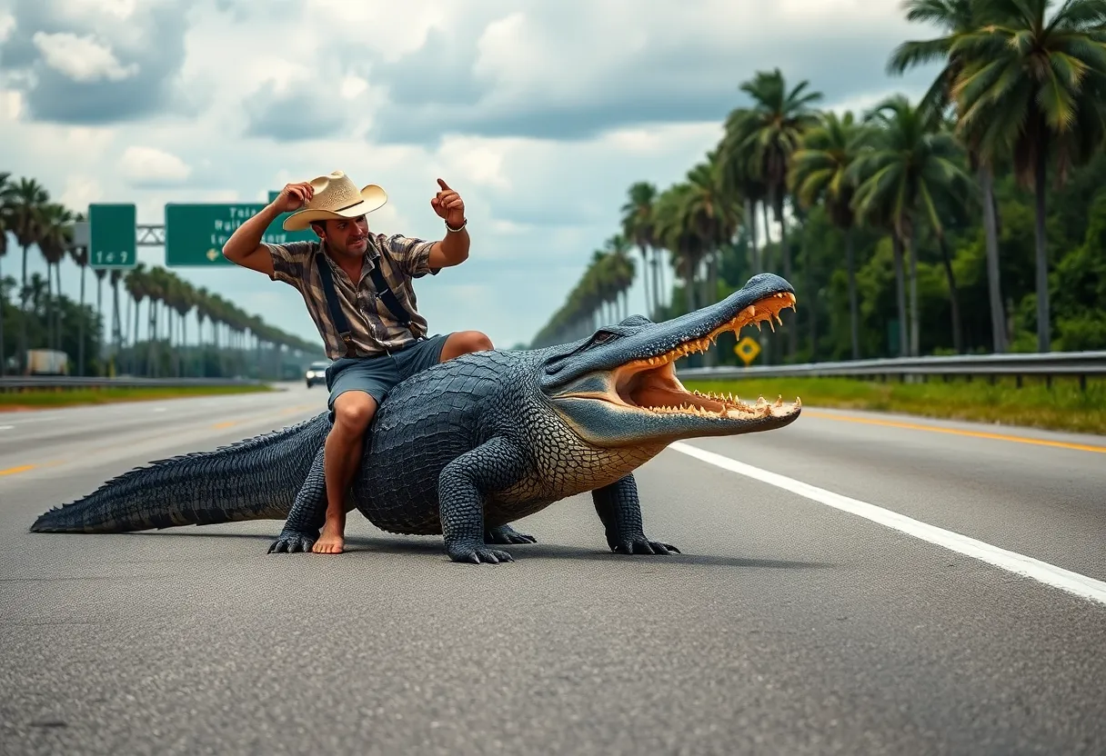 Alligator wrangler confronting a large alligator on an interstate