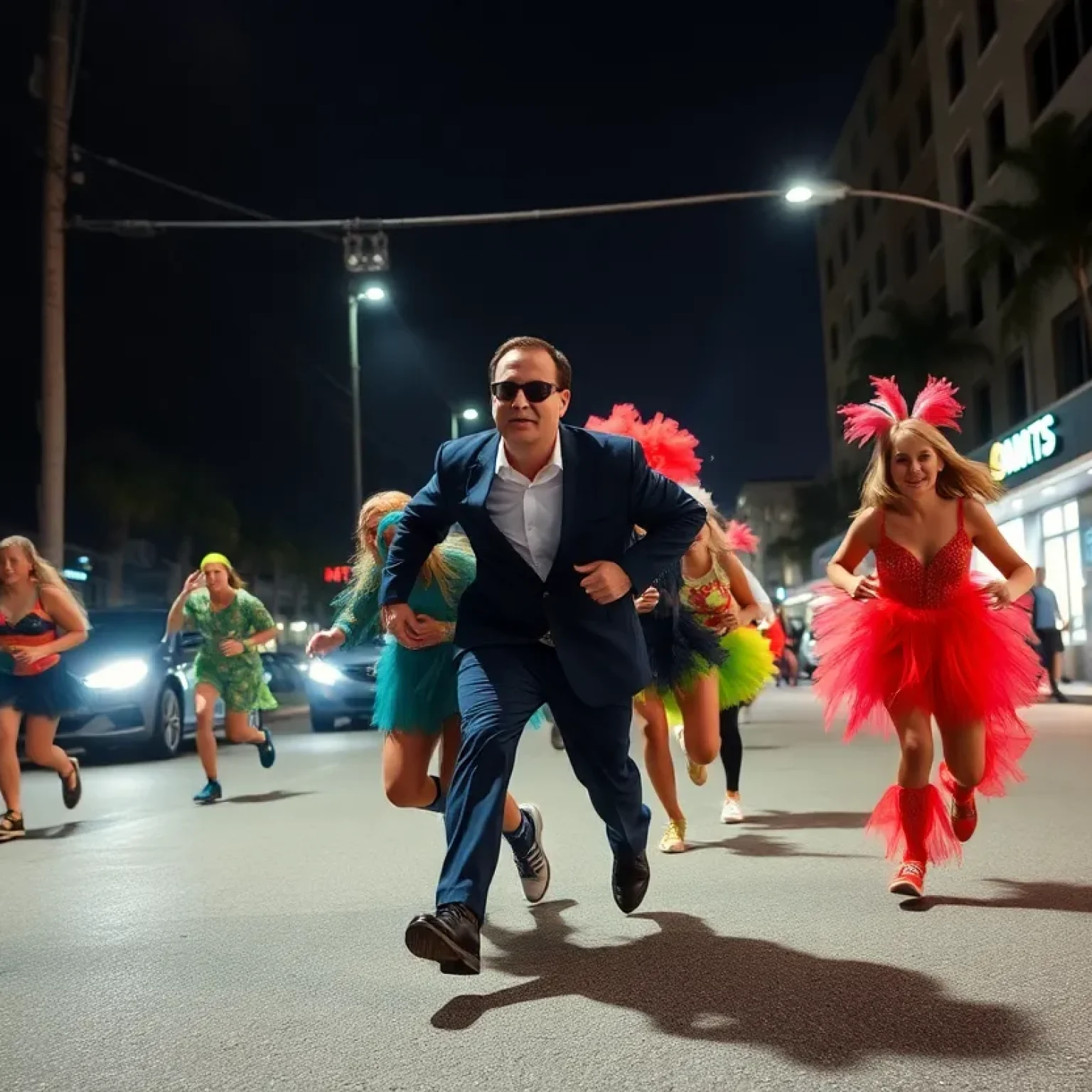 A chaotic urban scene with naked individuals engaging in unusual activities, representing strange crimes in Florida.