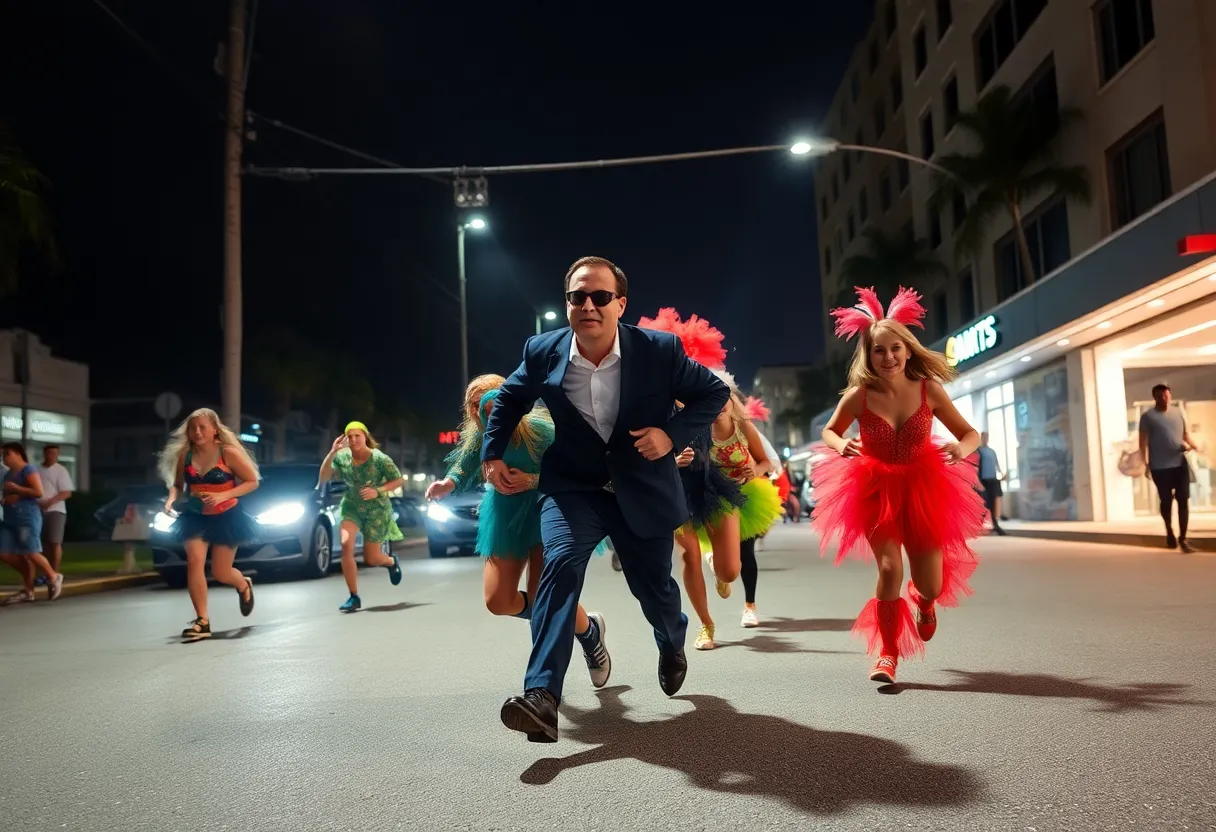 A chaotic urban scene with naked individuals engaging in unusual activities, representing strange crimes in Florida.
