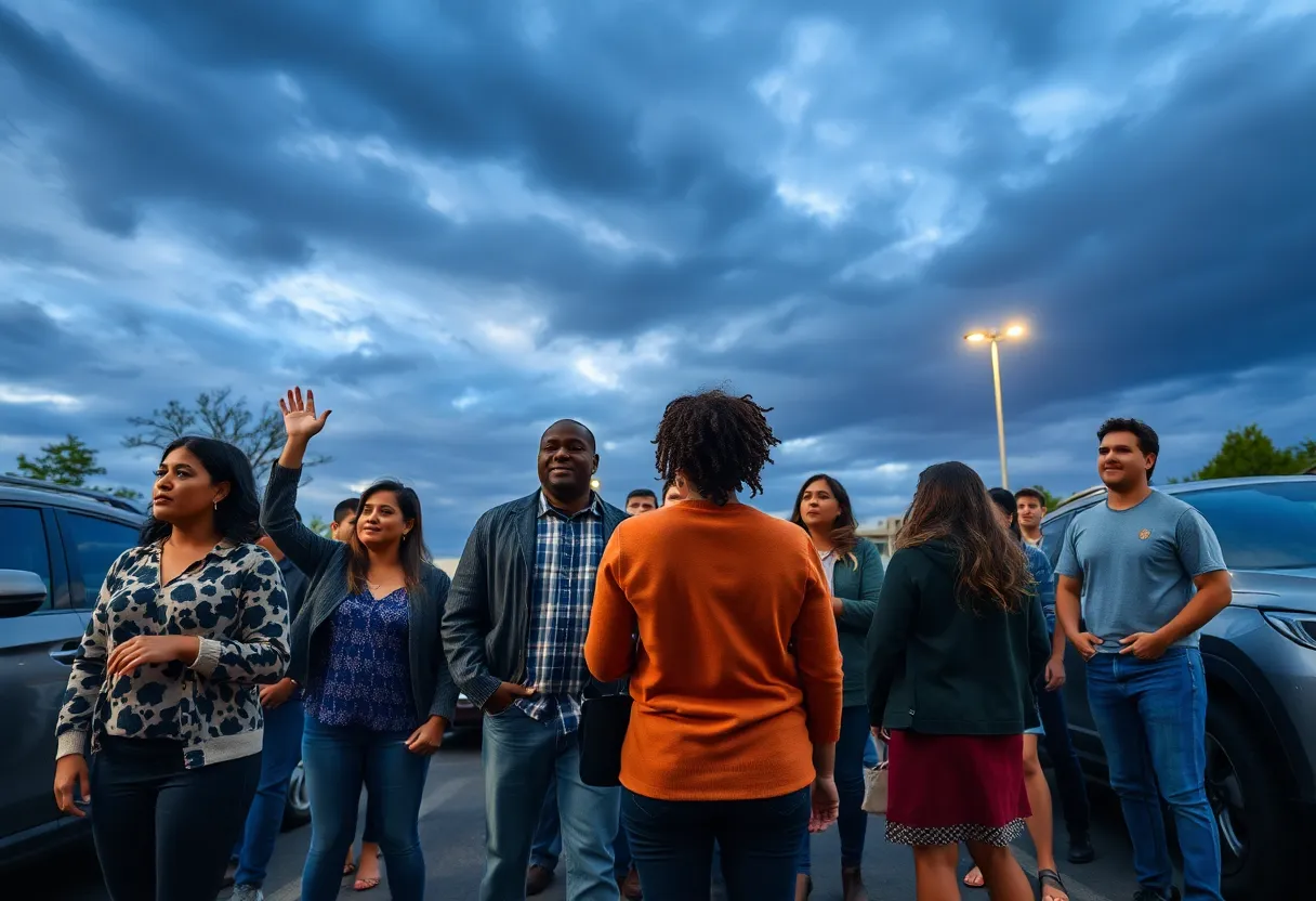 Bystanders helping a mother and children outside a DMV