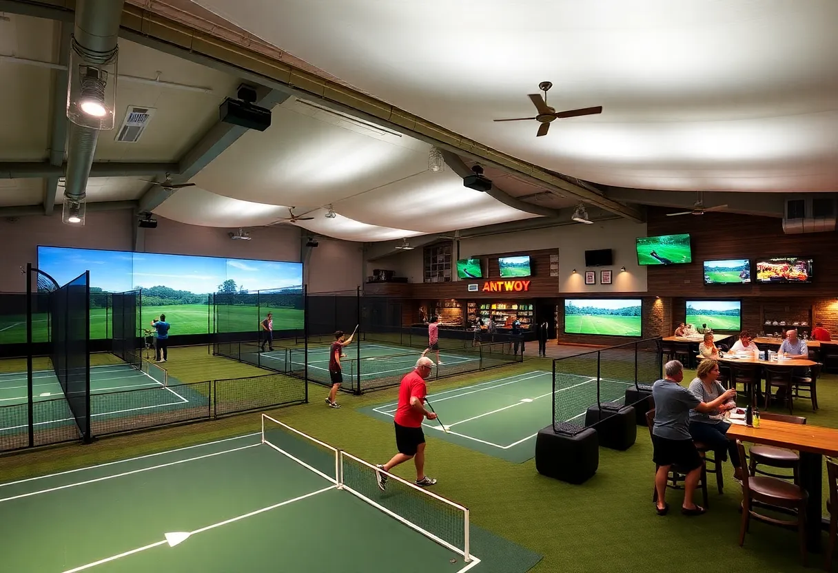 Interior view of Chipshot sports entertainment complex featuring pickleball courts and golf simulators
