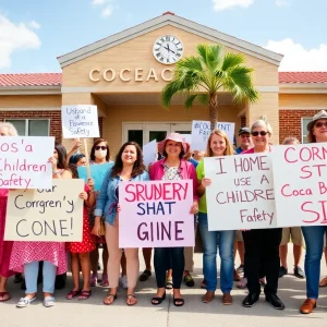 Concerned parents protesting outside a school in Cocoa Beach