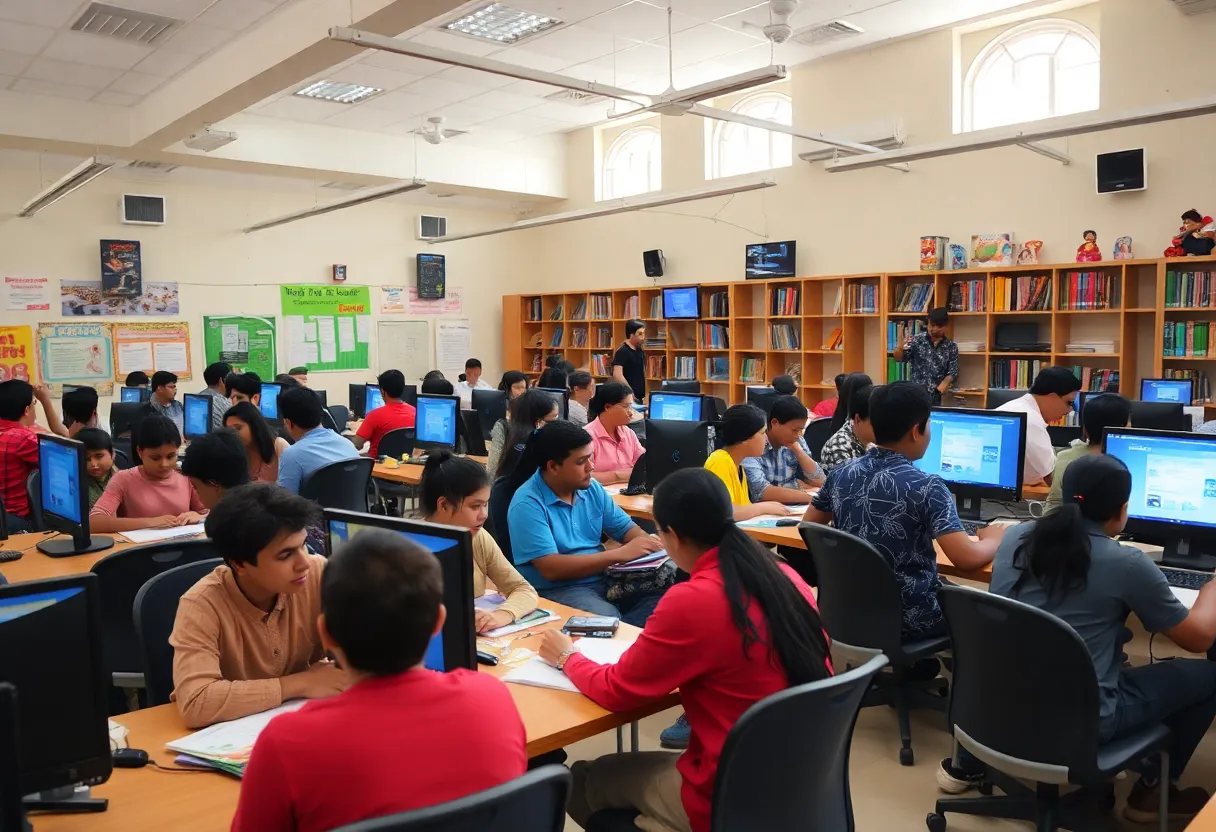 Interior view of the Connected Learning Center in Jacksonville with people using computers