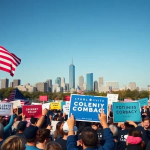 Crowd at a political rally with city skyline in the background