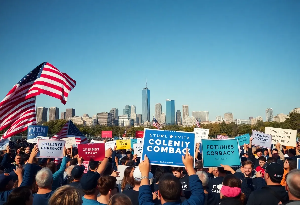Crowd at a political rally with city skyline in the background