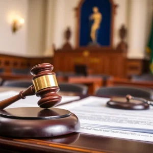 Courtroom with legal documents and gavel