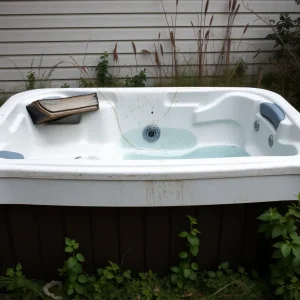 A broken hot tub outdoors showing visible damage and neglect.