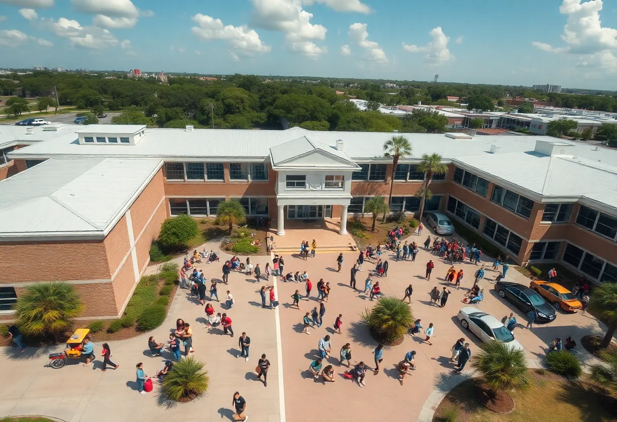Aerial view of Duval County Schools dynamic campus with students.