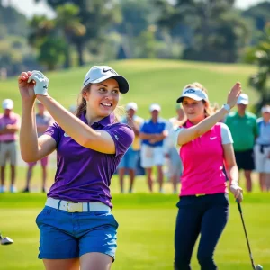 Female golfer on a golf course celebrating success