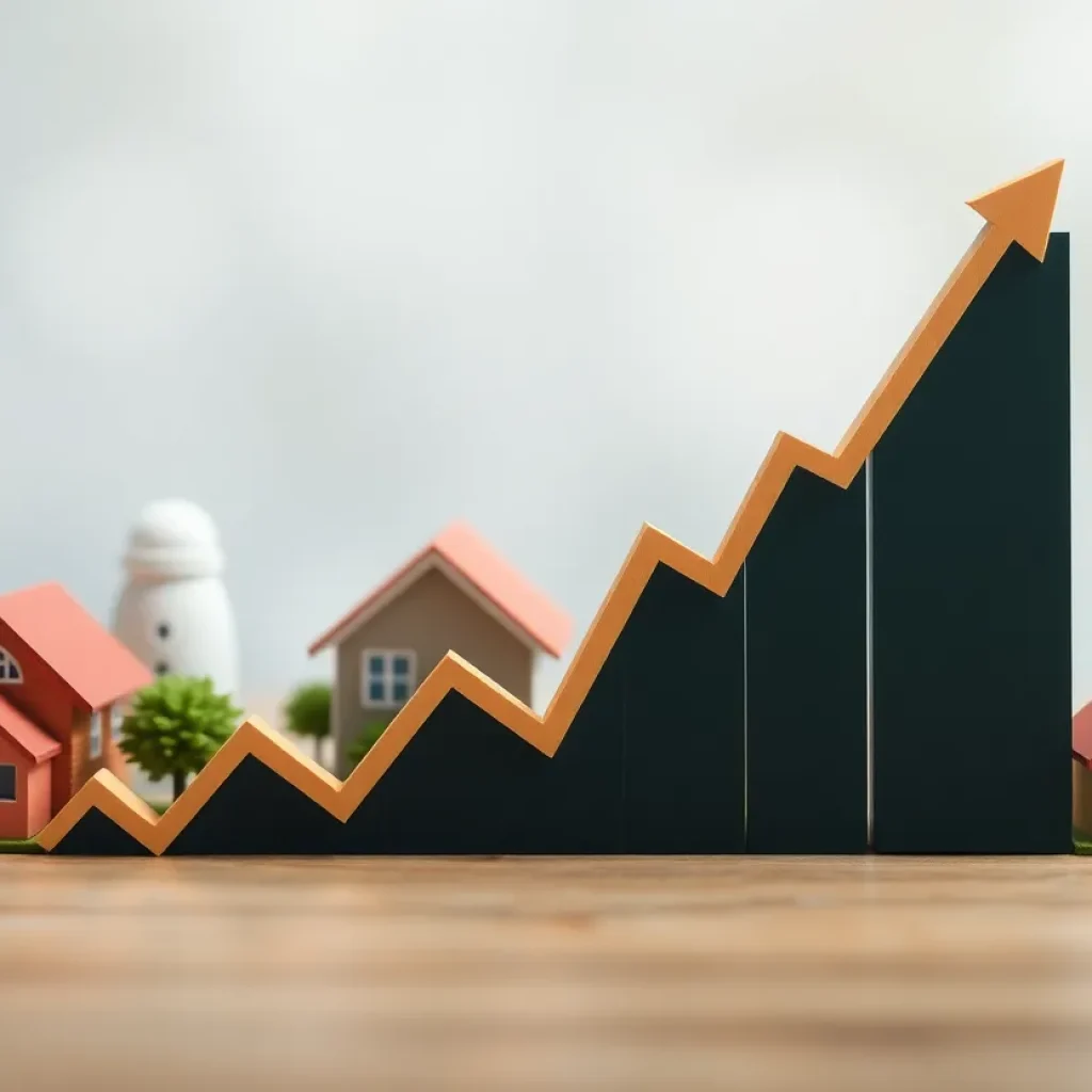 Graph showing upward trend in stock market with housing market symbols