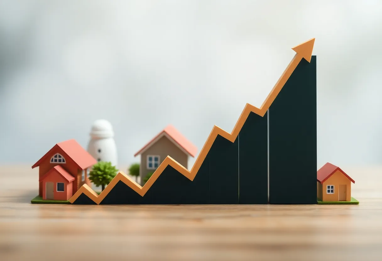 Graph showing upward trend in stock market with housing market symbols