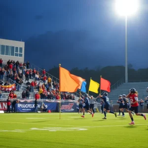 Action shot of a flag football game at night, featuring players and fans in a stadium.