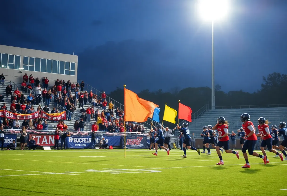 Action shot of a flag football game at night, featuring players and fans in a stadium.
