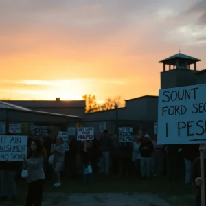 Protesters opposing and supporting the execution outside the prison.
