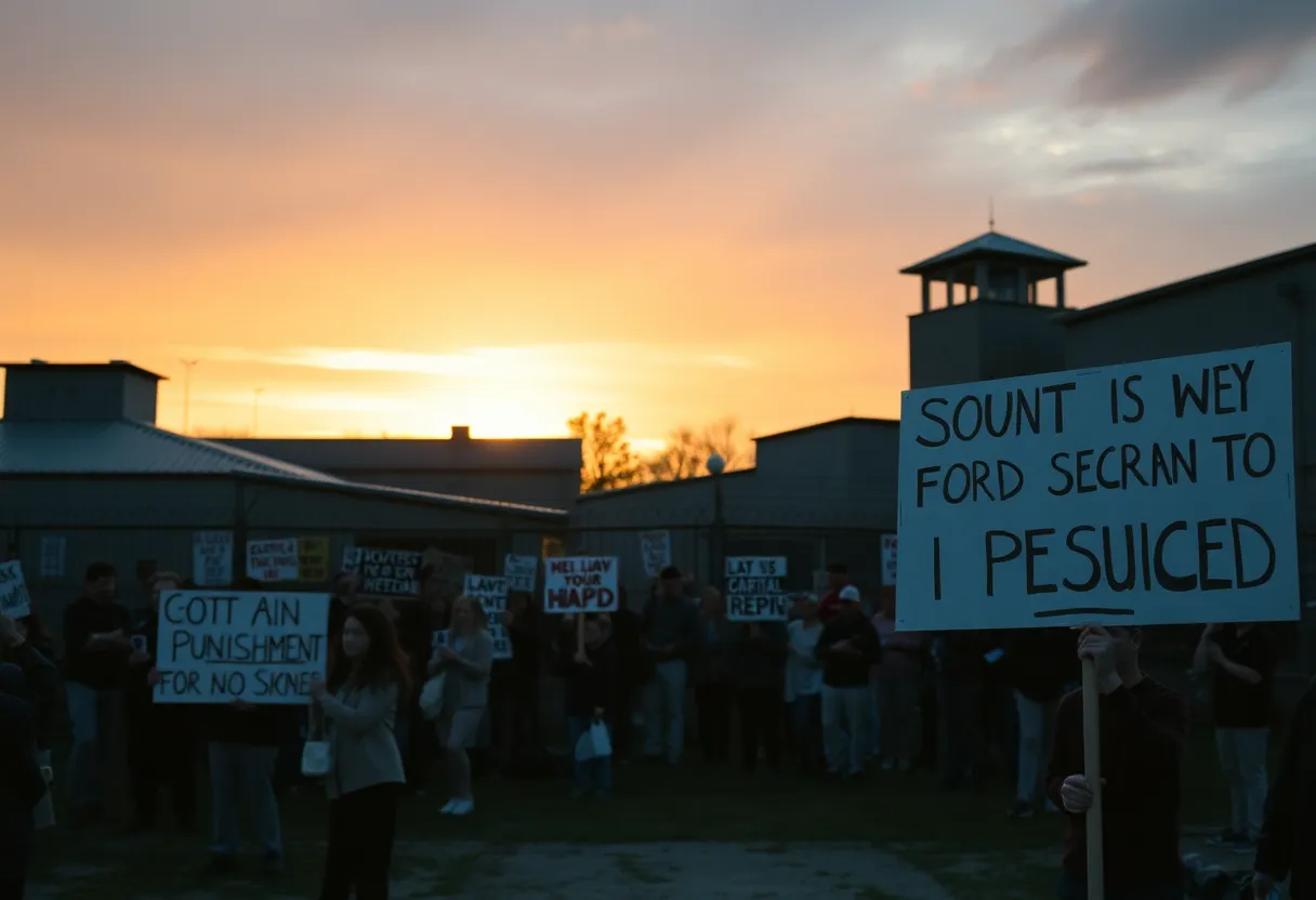 Protesters opposing and supporting the execution outside the prison.