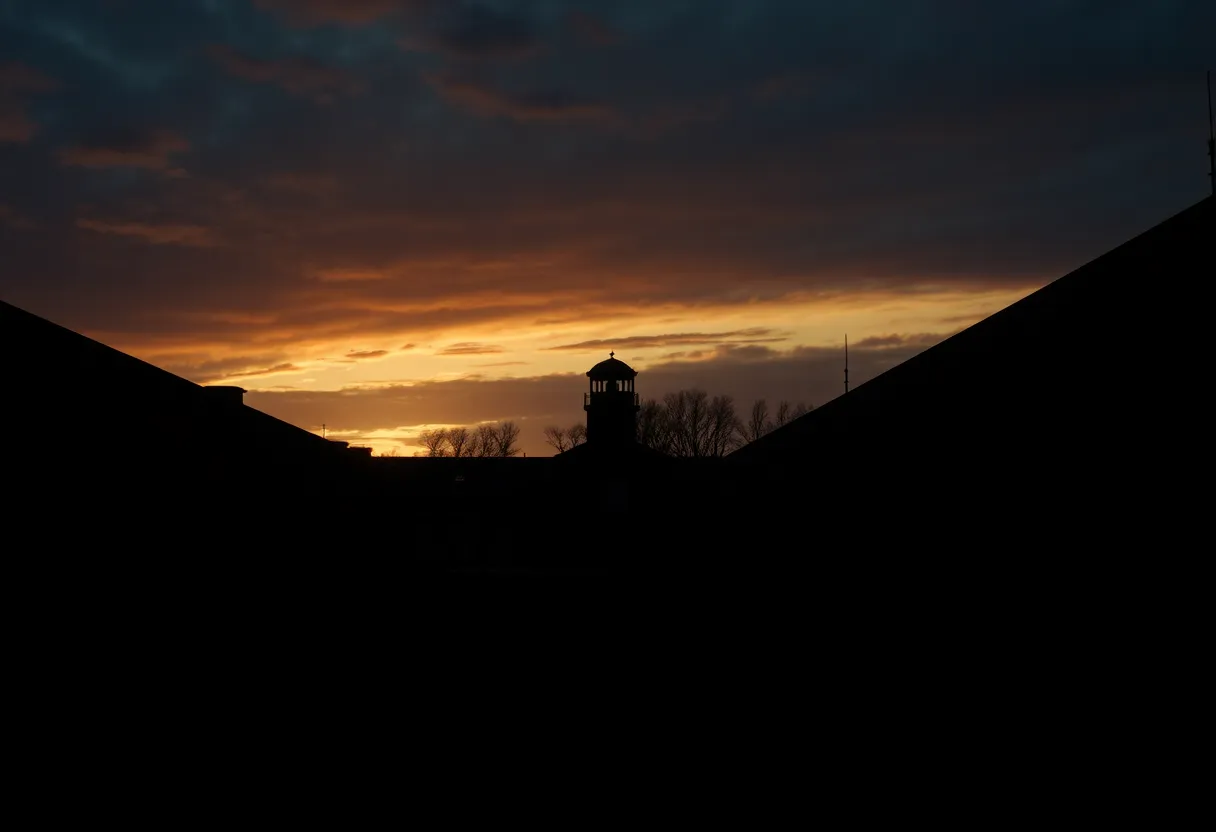 Somber atmosphere of a prison yard at sunset