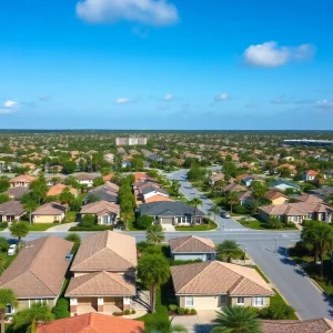 Aerial view of a suburban Florida neighborhood with houses and palm trees.