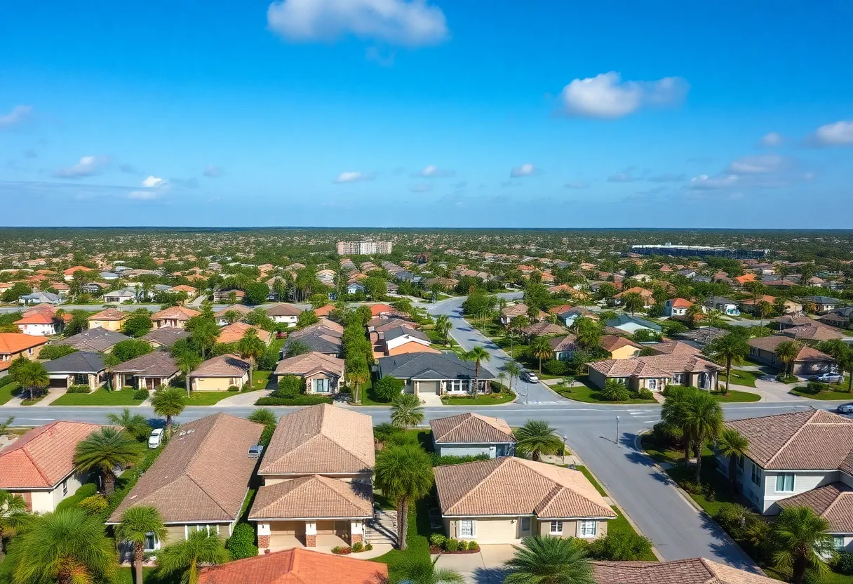 Aerial view of a suburban Florida neighborhood with houses and palm trees.