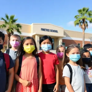 Children wearing masks in front of a Florida school