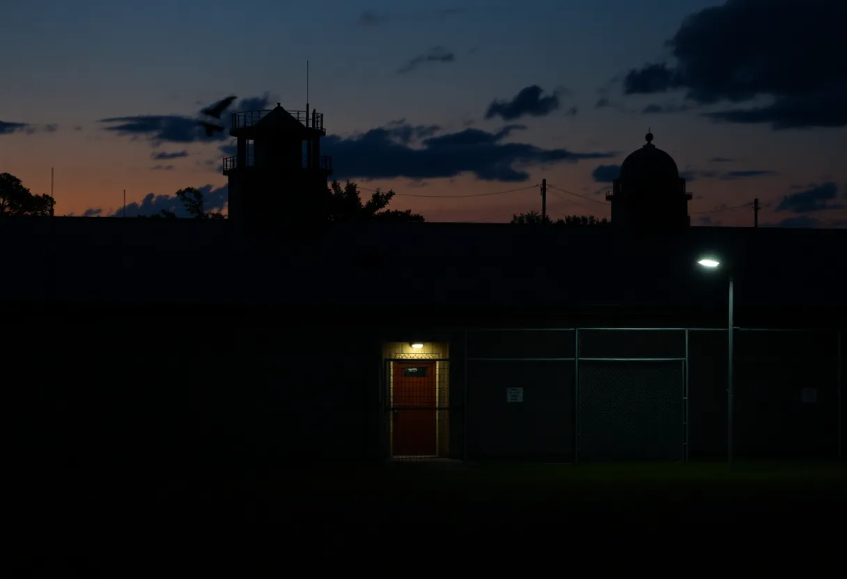 Florida State Prison at dusk, representing a somber atmosphere of justice.