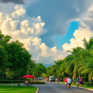 Bright sunny day following thunderstorms in Florida with people outside enjoying the weather.